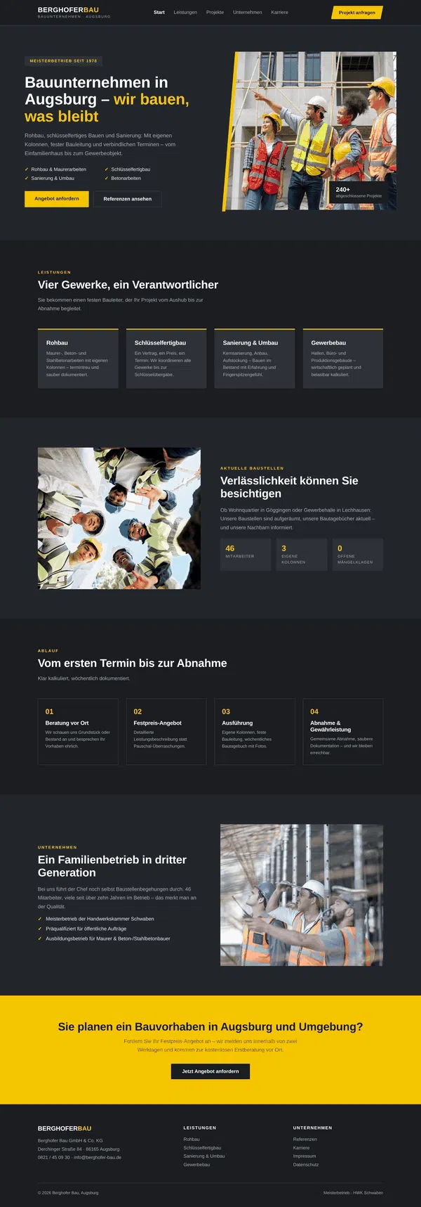 Web Design Example - Full View: Website of a Construction Company in Augsburg
