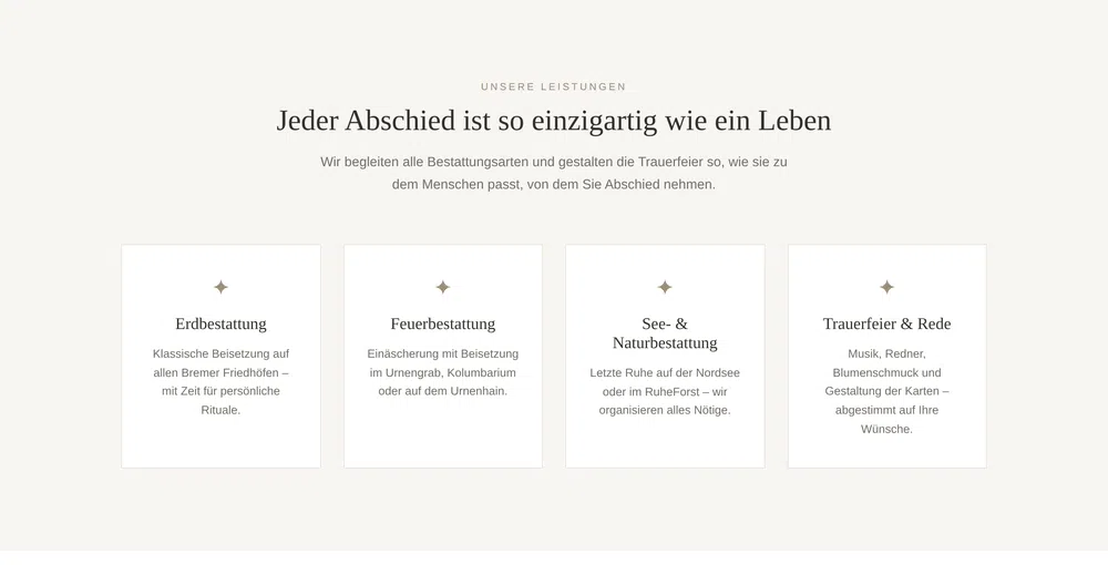 Beispiel-Webdesign Leistungen: Bestattungsarten eines Bestattungshauses in Bremen