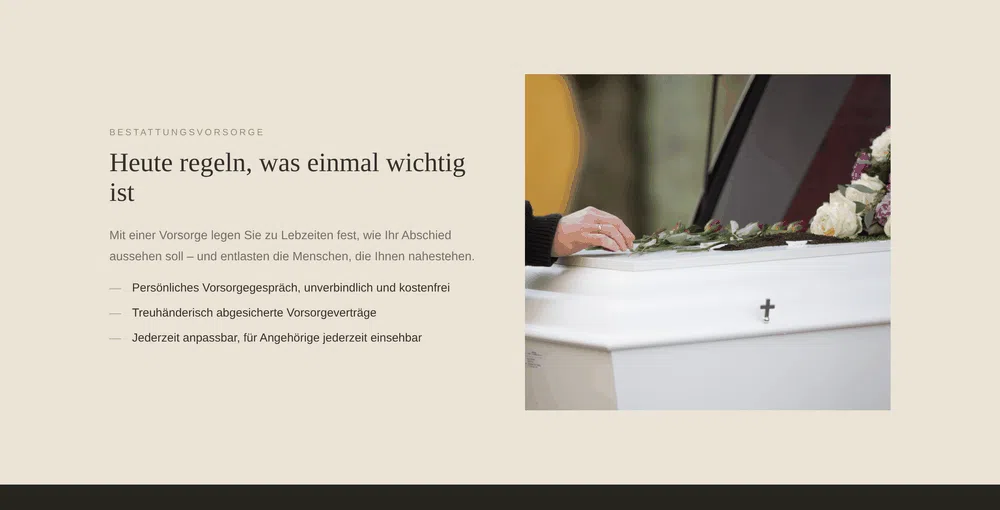 Beispiel-Webdesign Vorsorge: Bestattungsvorsorge-Sektion eines Bestattungshauses in Bremen
