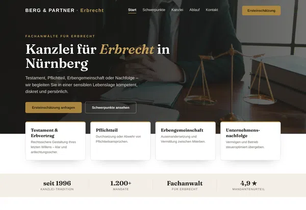 Beispiel-Webdesign für eine Erbrechtskanzlei in Nürnberg: Schwerpunkte, Beratung und Mandantenstimmen