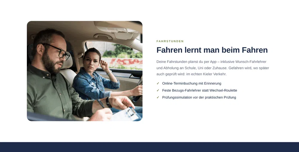 Beispiel-Webdesign Fahrstunden: praktische Ausbildung einer Fahrschule in Kiel