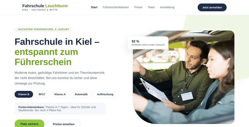 Beispiel-Webdesign Startseite: Fahrschule mit Führerscheinklassen in Kiel