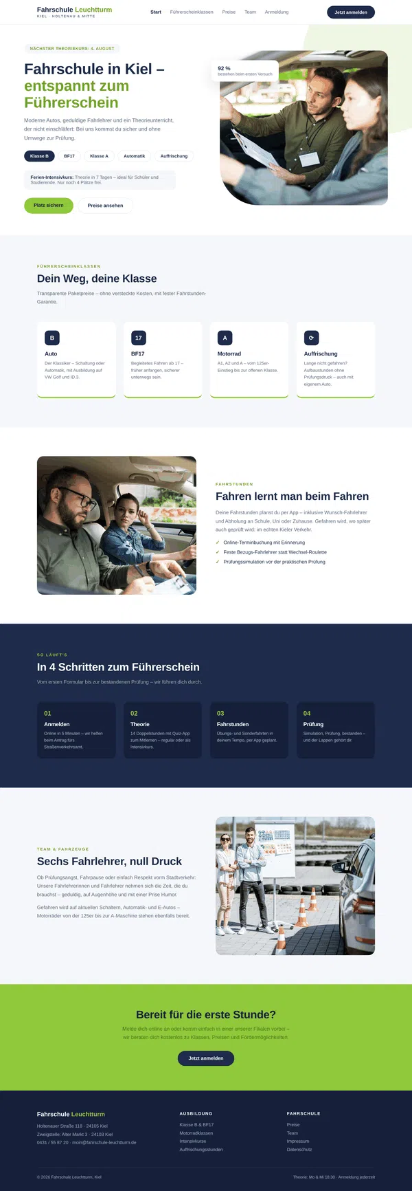 Beispiel-Webdesign Komplettansicht: Website einer Fahrschule in Kiel