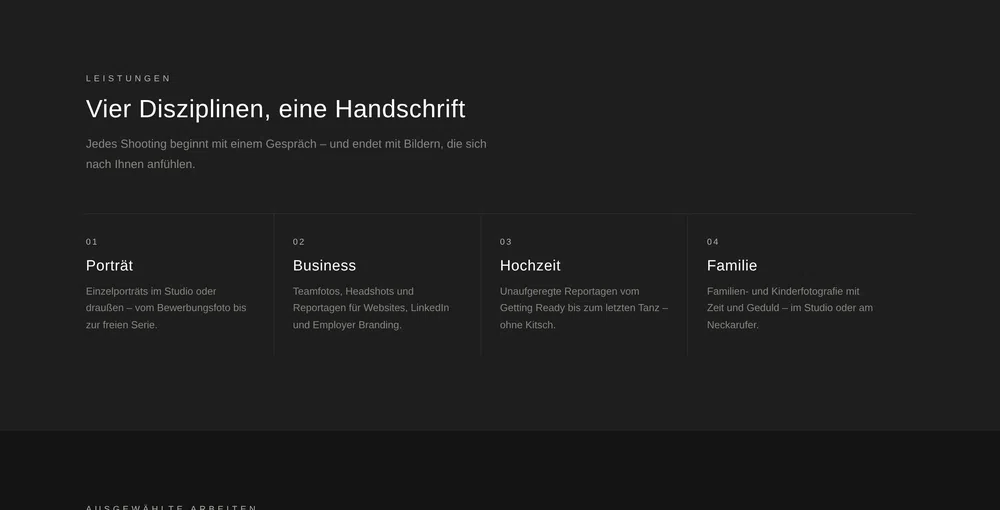 Beispiel-Webdesign Leistungen: Fotografie-Angebote eines Studios in Heidelberg