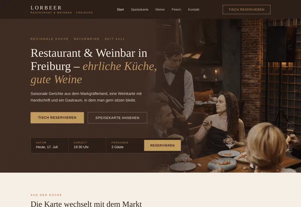 Web Design Example - Full View: Website for a restaurant with a wine bar in Freiburg