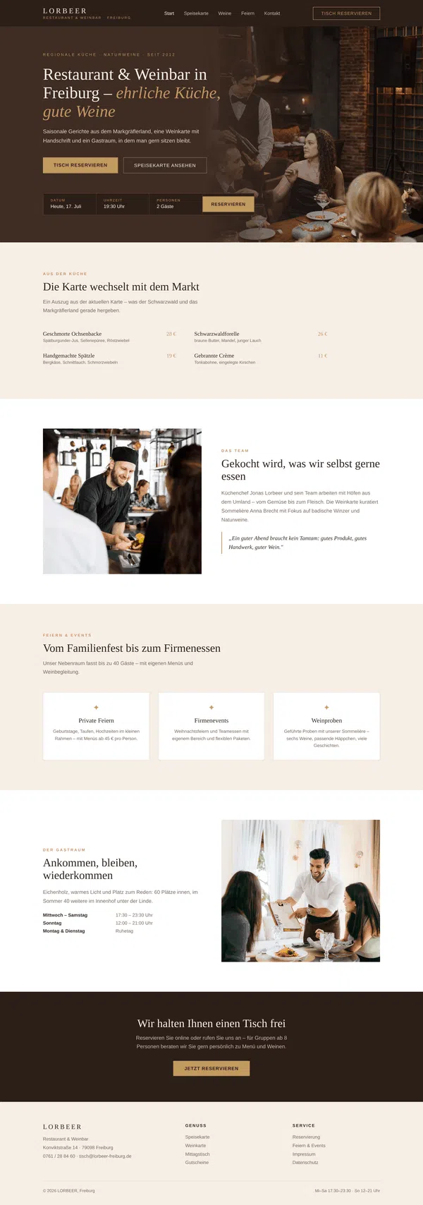 Web Design Example - Full View: Website for a restaurant with a wine bar in Freiburg