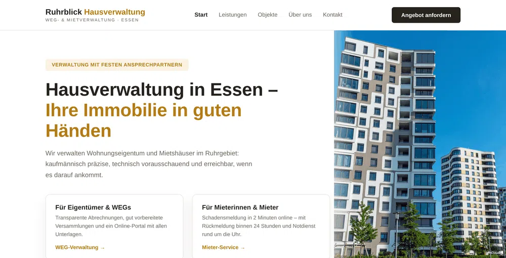 Beispiel-Webdesign Startseite: Hausverwaltung mit Eigentümer- und Mieter-Service in Essen