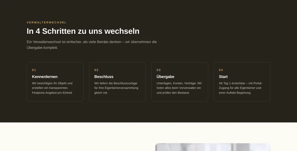 Beispiel-Webdesign Verwalterwechsel: Ablauf des Wechsels zu einer Hausverwaltung in Essen