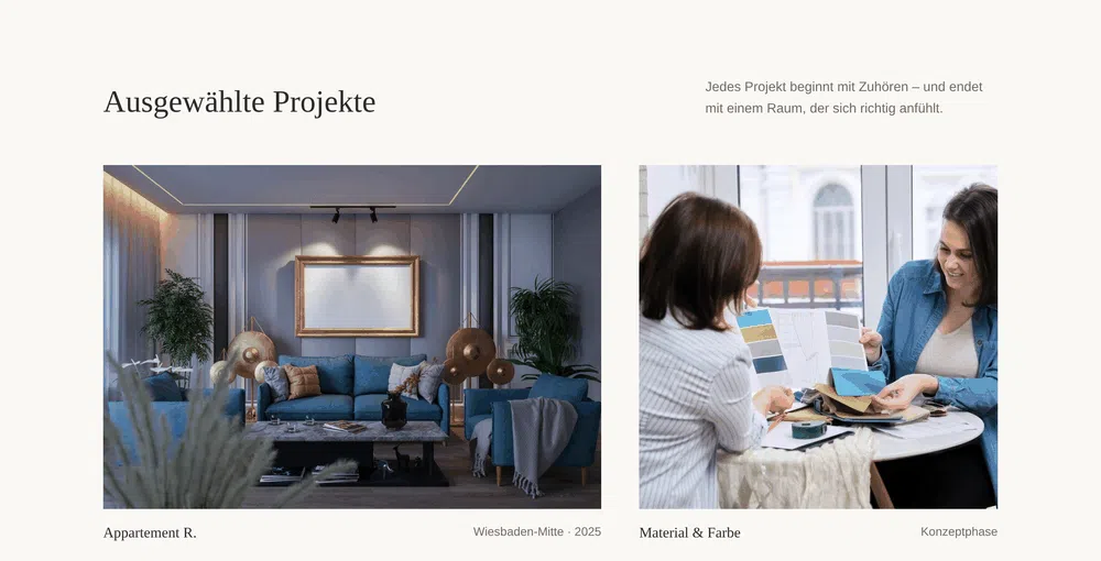 Beispiel-Webdesign Projektgalerie: ausgewählte Wohnprojekte eines Innenarchitektur-Studios in Wiesbaden