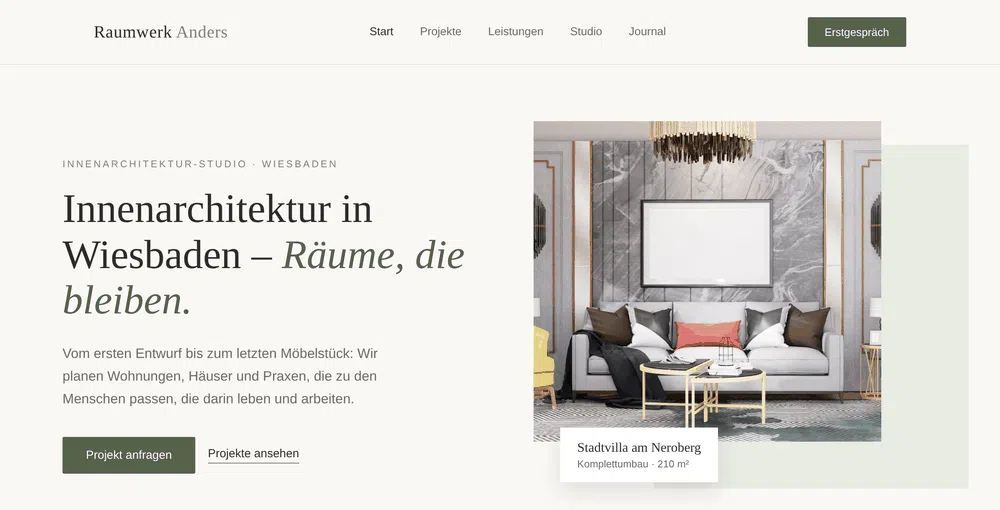Beispiel-Webdesign Startseite: Innenarchitektur-Studio mit Editorial-Hero in Wiesbaden