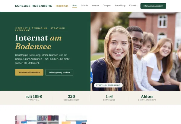 Beispiel-Webdesign für ein Internat am Bodensee: Aufnahme, Unterricht, Campus und Anmeldung