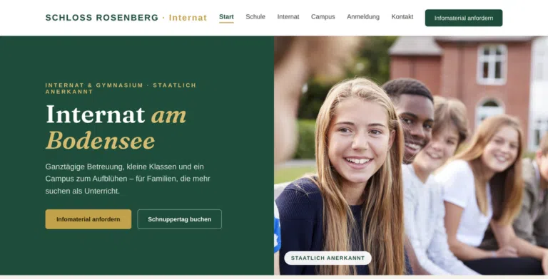 Beispiel-Webdesign Startseite: Internat am Bodensee mit Infomaterial und Schnuppertag