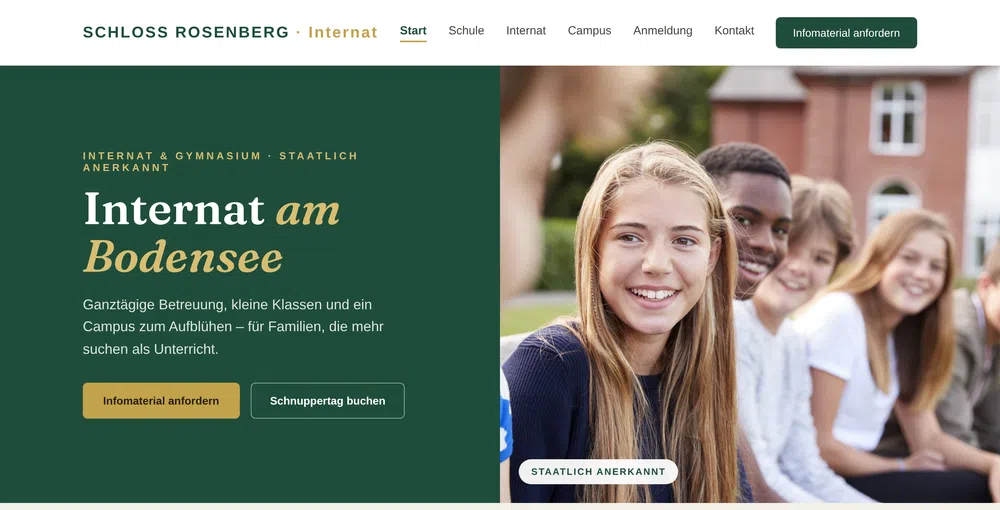 Beispiel-Webdesign Startseite: Internat am Bodensee mit Infomaterial und Schnuppertag