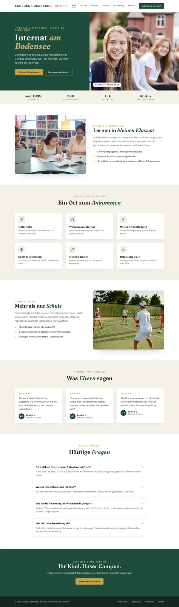 Sample Website Design for a Boarding School on Lake Constance: Admissions, Curriculum, Campus, and Registration