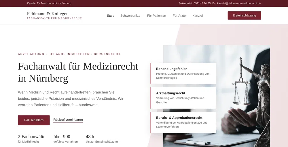 Beispiel-Webdesign Startseite: Kanzlei für Medizinrecht mit Fallarten-Karten in Nürnberg