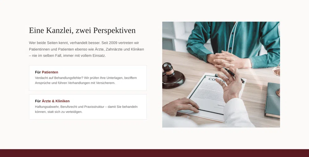 Beispiel-Webdesign Mandanten: Sektion für Patienten und Ärzte einer Medizinrecht-Kanzlei in Nürnberg