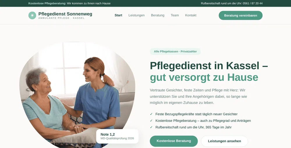Beispiel-Webdesign Startseite: ambulanter Pflegedienst mit Beratungsangebot in Kassel