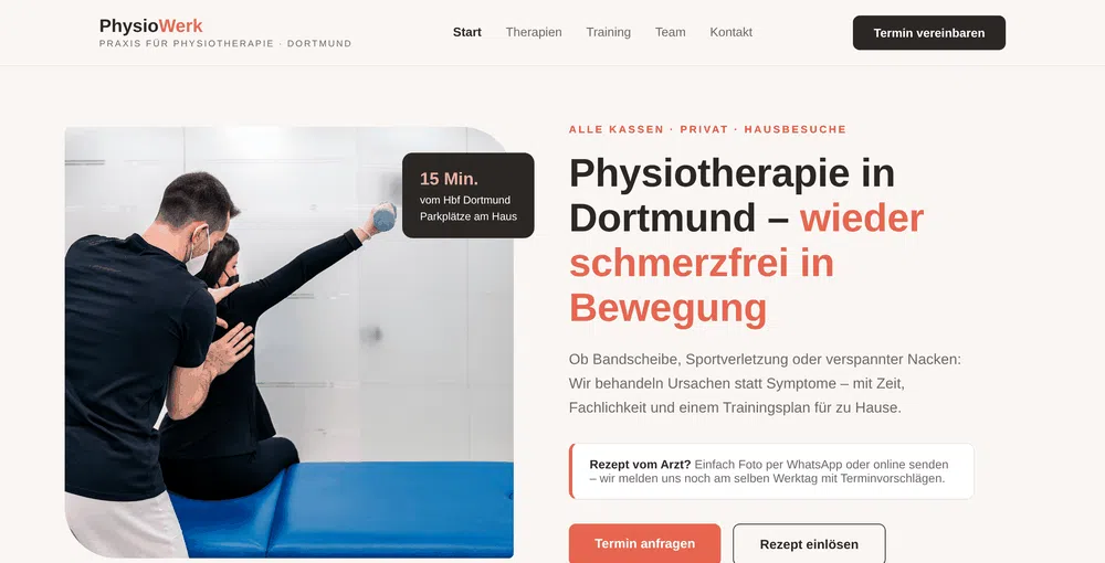 Beispiel-Webdesign Startseite: Physiotherapie-Praxis mit Rezept-Service in Dortmund