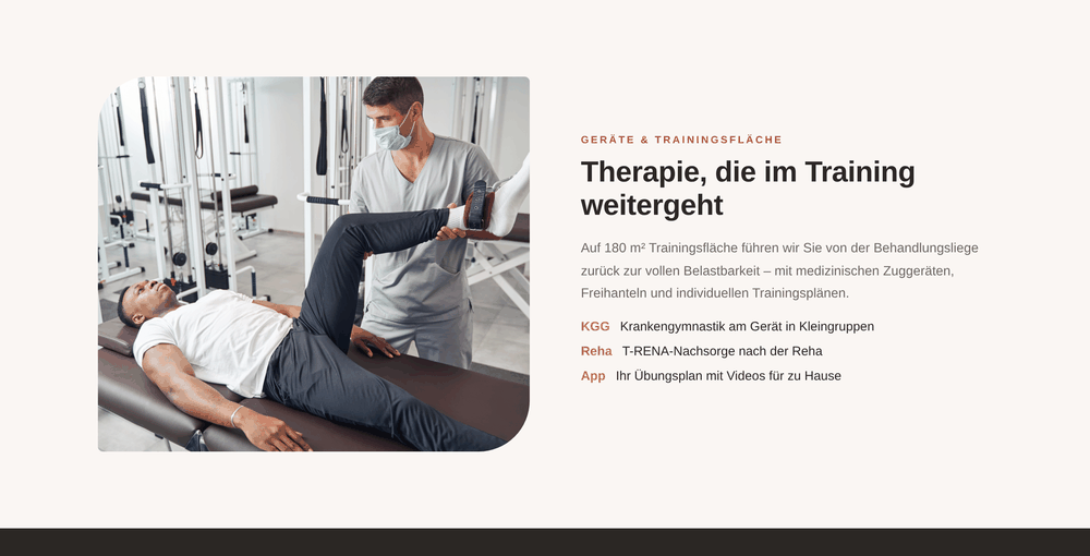 Example web design, training: training floor and equipment of a Dortmund physiotherapy practice