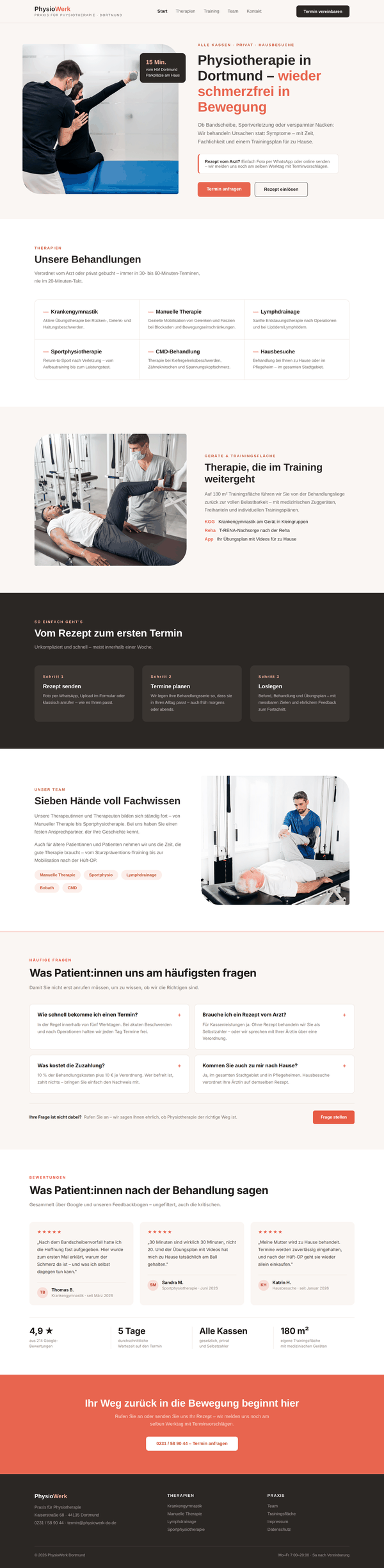 Mockup of a physiotherapy practice website with treatments, FAQs and patient reviews
