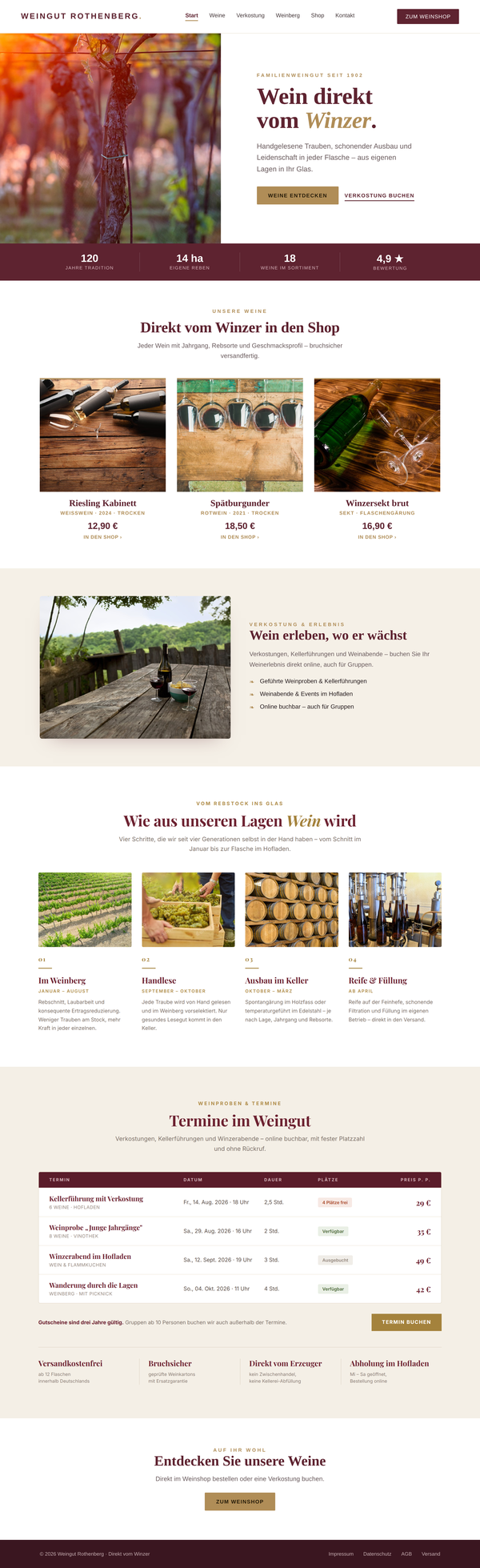 Mockup einer Website für ein Weingut mit Weinshop, Verkostungsterminen und Einblick in die Weinbereitung