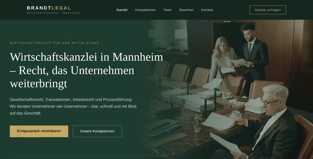Beispiel-Webdesign Startseite: Wirtschaftskanzlei mit dunklem Hero und Kanzlei-Kennzahlen in Mannheim