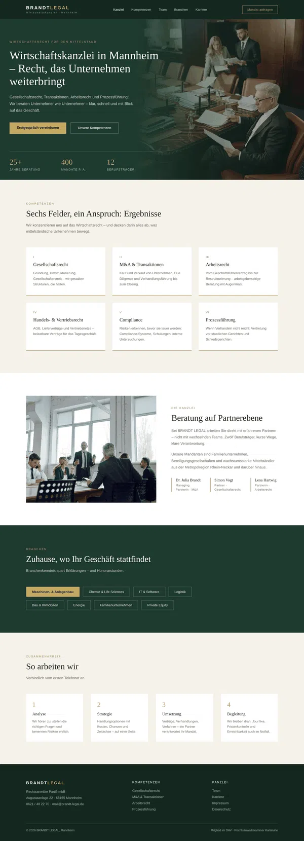 Beispiel-Webdesign Komplettansicht: Website einer Wirtschaftskanzlei in Mannheim