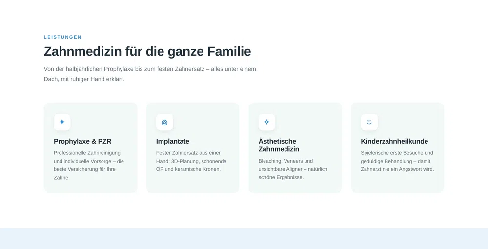 Beispiel-Webdesign Leistungen: Behandlungsspektrum einer Zahnarztpraxis in Dresden