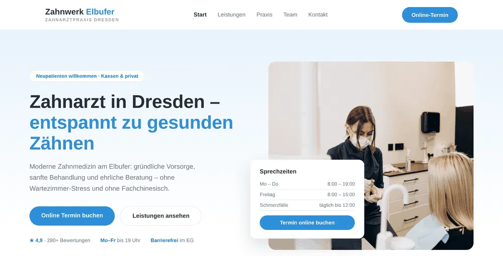 Beispiel-Webdesign Startseite: Zahnarztpraxis mit Online-Terminbuchung in Dresden