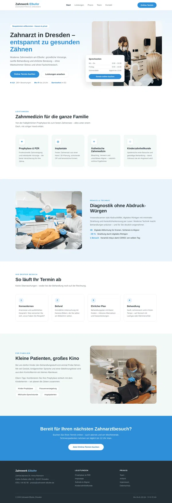Beispiel-Webdesign Komplettansicht: Website einer Zahnarztpraxis in Dresden