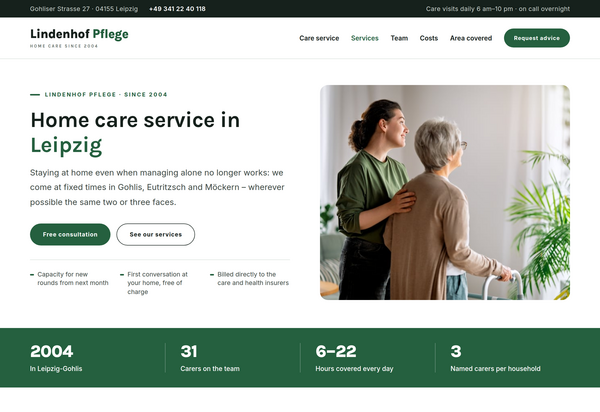 Mockup of a website for a home care service