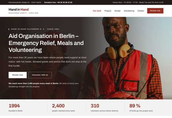 Web design for aid organisations: homepage of a Berlin charity with photo hero, areas of work, donation impact and projects