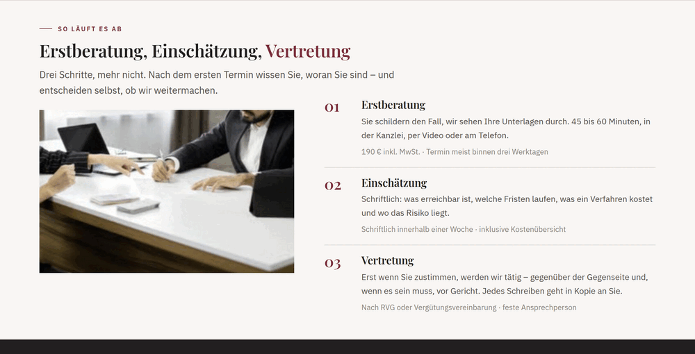 Abschnitt „So läuft es ab“ mit Erstberatung, Einschätzung und Vertretung