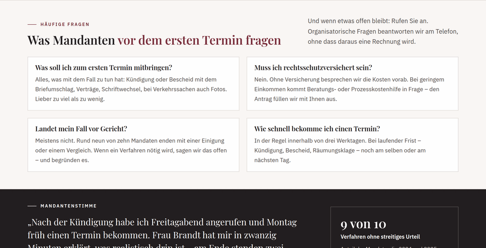 Abschnitt „Häufige Fragen“ mit vier Antwortkarten zu Terminen und Rechtsschutz