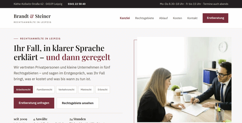 Startbereich „Ihr Fall, in klarer Sprache erklärt“ mit Adresse und Beratungsfoto