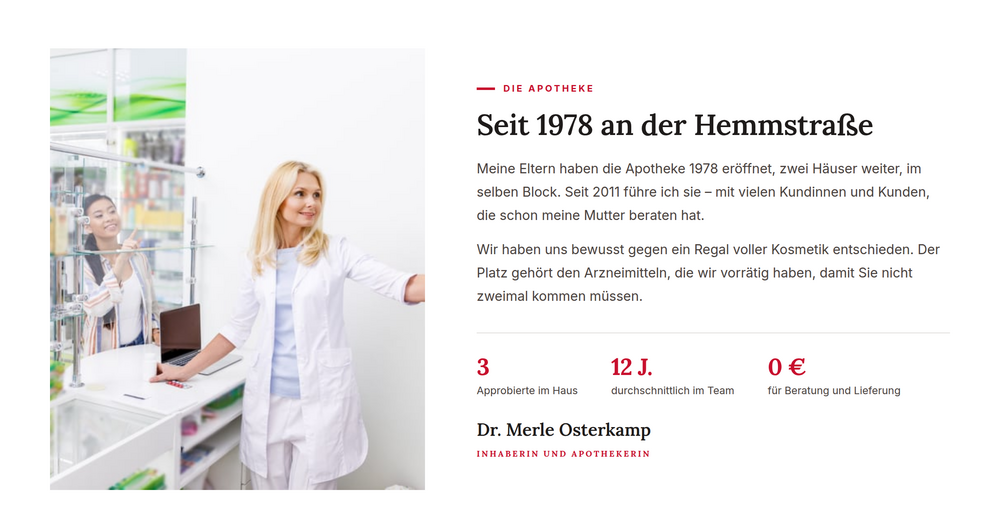 Inhaberin-Sektion einer Apotheken-Webseite