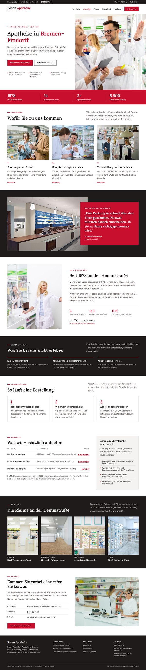Mockup einer Apotheken-Webseite, komplette Seite