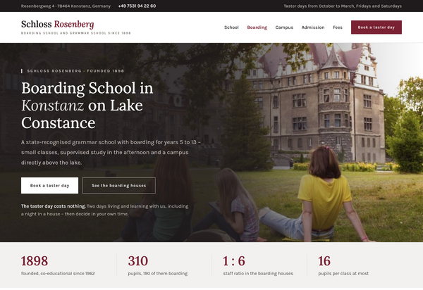 Complete home page of a boarding grammar school on Lake Constance with photo hero and campus life