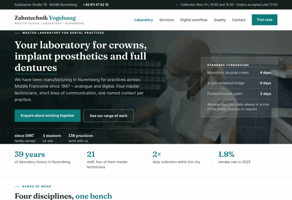 Complete home page of Nuremberg dental laboratory Zahntechnik Vogelsang with services and workflow