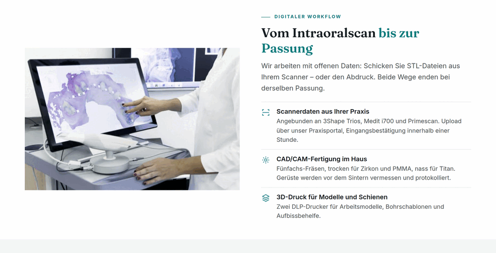 Abschnitt „Vom Intraoralscan bis zur Passung“ mit Foto am Scanner-Bildschirm