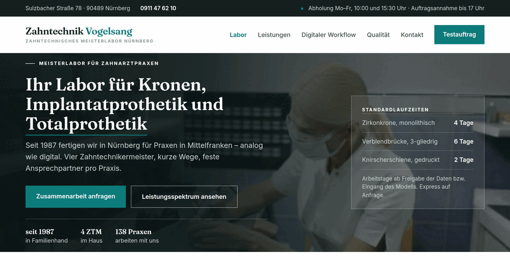 Dunkler Startbereich „Ihr Labor für Kronen, Implantatprothetik und Totalprothetik“