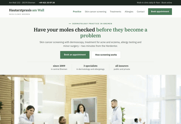 Complete home page of a Bremen dermatology practice with mole screening, process and price list