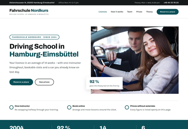 Mockup of a driving school website in Hamburg-Eimsbuettel, full page