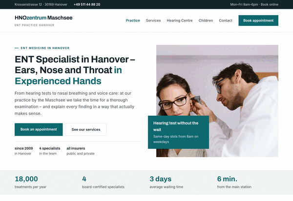 Home page of a Hanover ENT practice with photo hero, focus areas and hearing centre