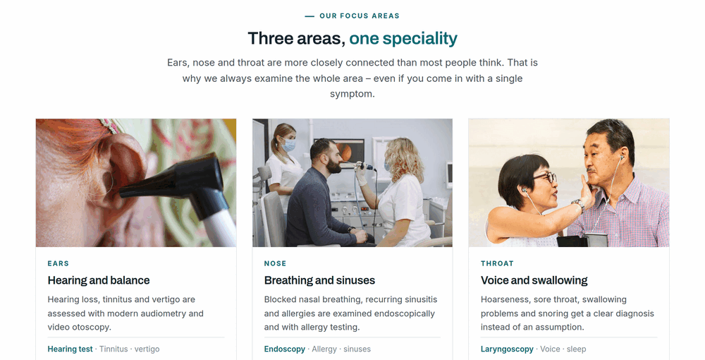 Focus areas section of an ENT practice website: ears, nose and throat as three cards with examination photos
