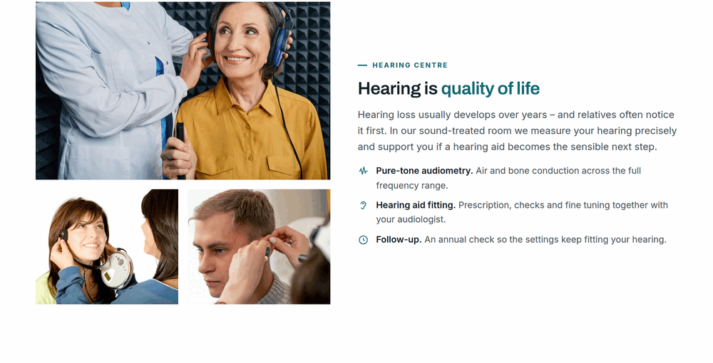 Hearing centre section of an ENT practice website with a photo mosaic of audiometry and hearing aid fitting
