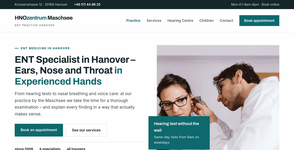 Hero section of an ENT practice website in Hanover with headline, appointment buttons and a photo of an ear examination