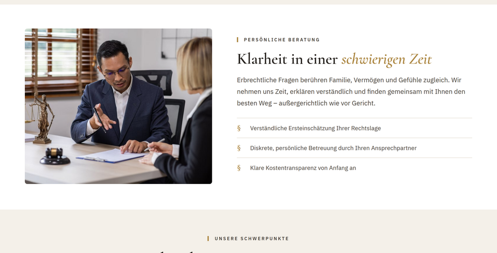 Webdesign für Erbrecht: Sektion zur persönlichen Beratung mit Foto und Leistungsliste