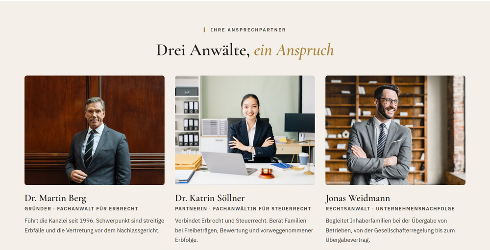 Webdesign für Erbrecht: Teamsektion mit drei Anwaltsporträts und Fachgebieten