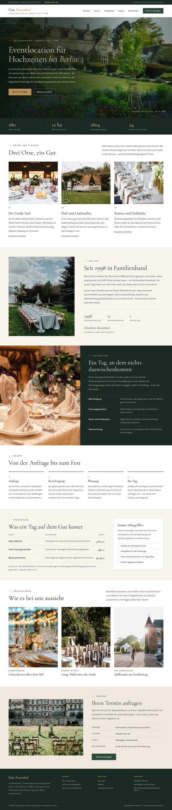 Webdesign für Eventlocations: komplette Startseite einer Veranstaltungslocation mit Anfrageformular